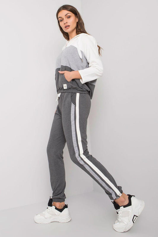 Women’s tracksuit set with grey joggers, white stripe, and white/grey hooded top