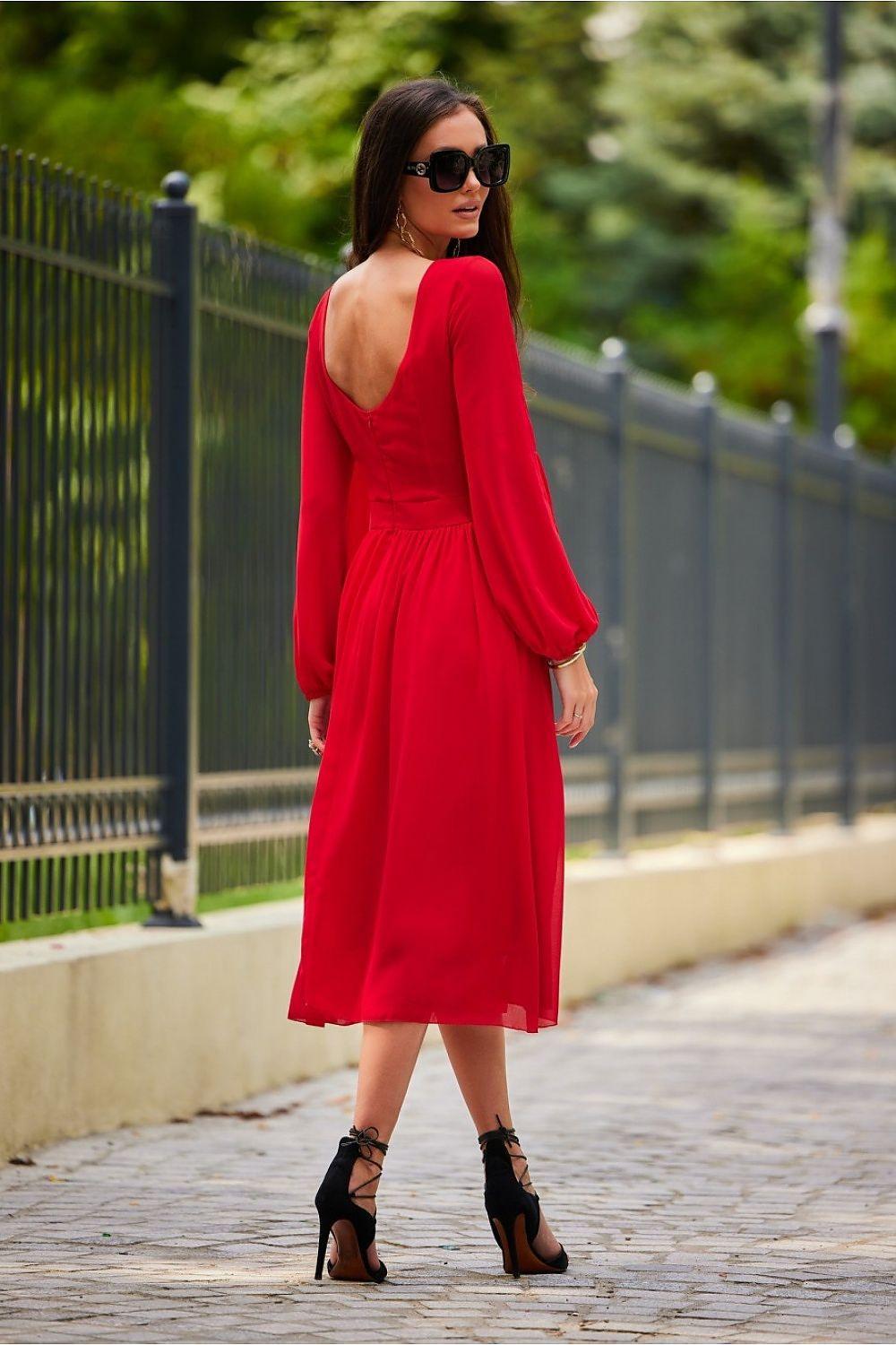Red backless cocktail dress by Roco Fashion, V-neck back, long sleeves, midi