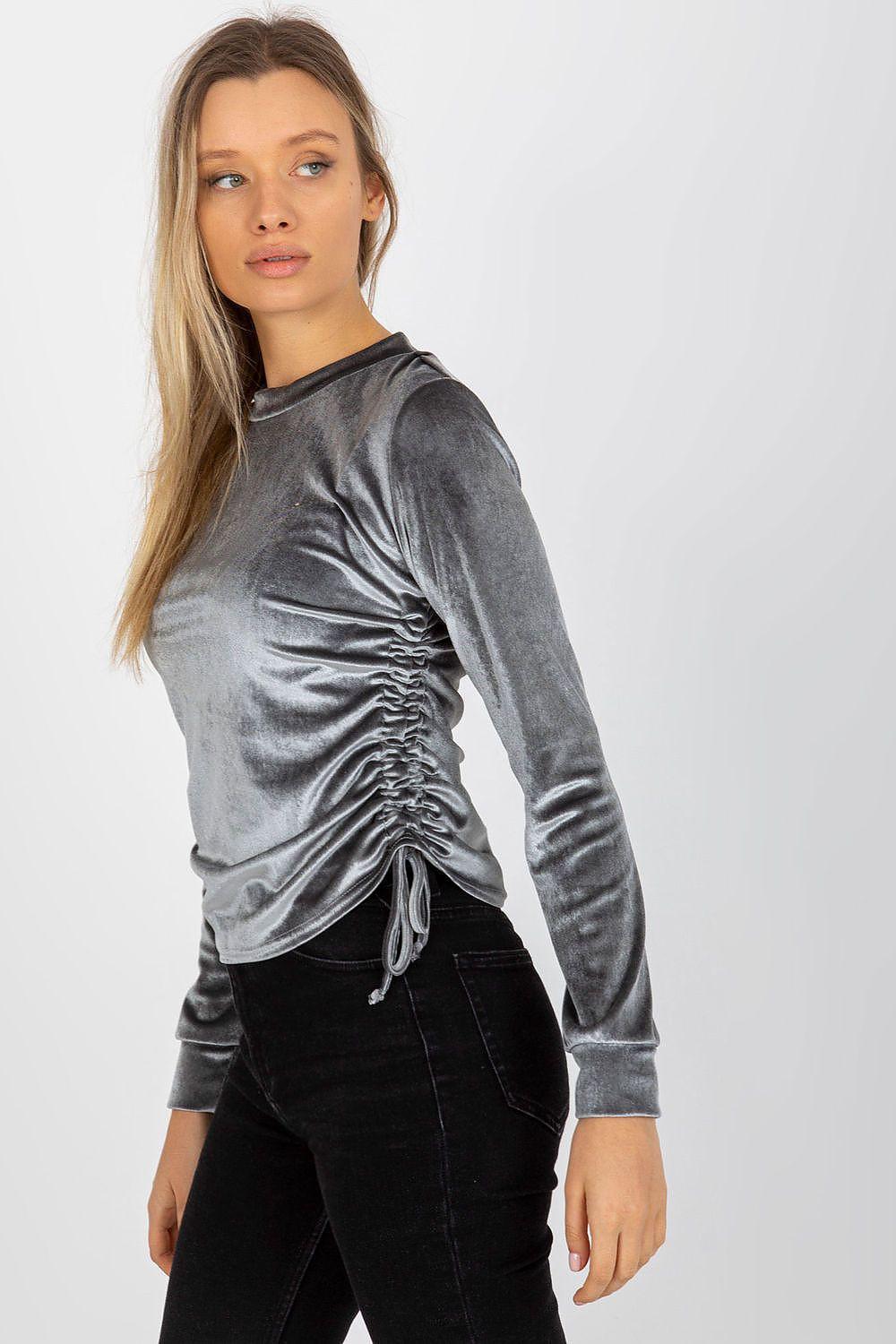 Grey ruched long-sleeve blouse with side drawstring