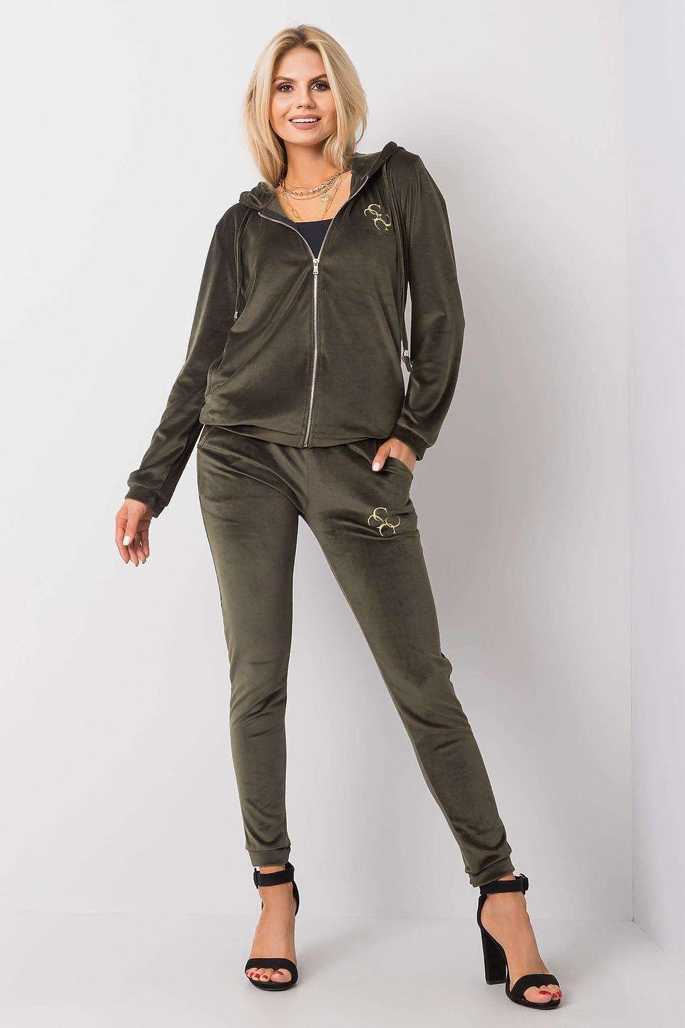 Velour zip hoodie and joggers set in dark green, full-body front view