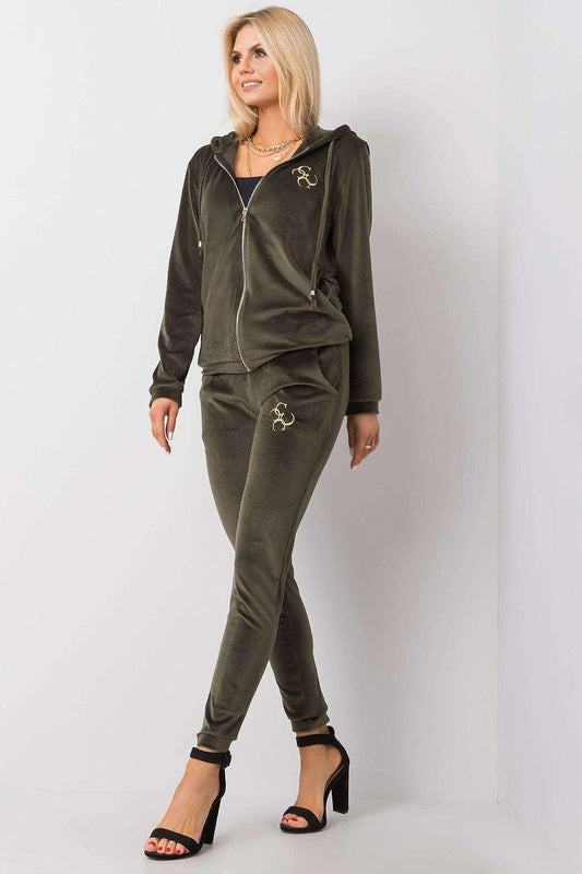 Velour tracksuit set, dark green zip hoodie and jogger pants with drawstring