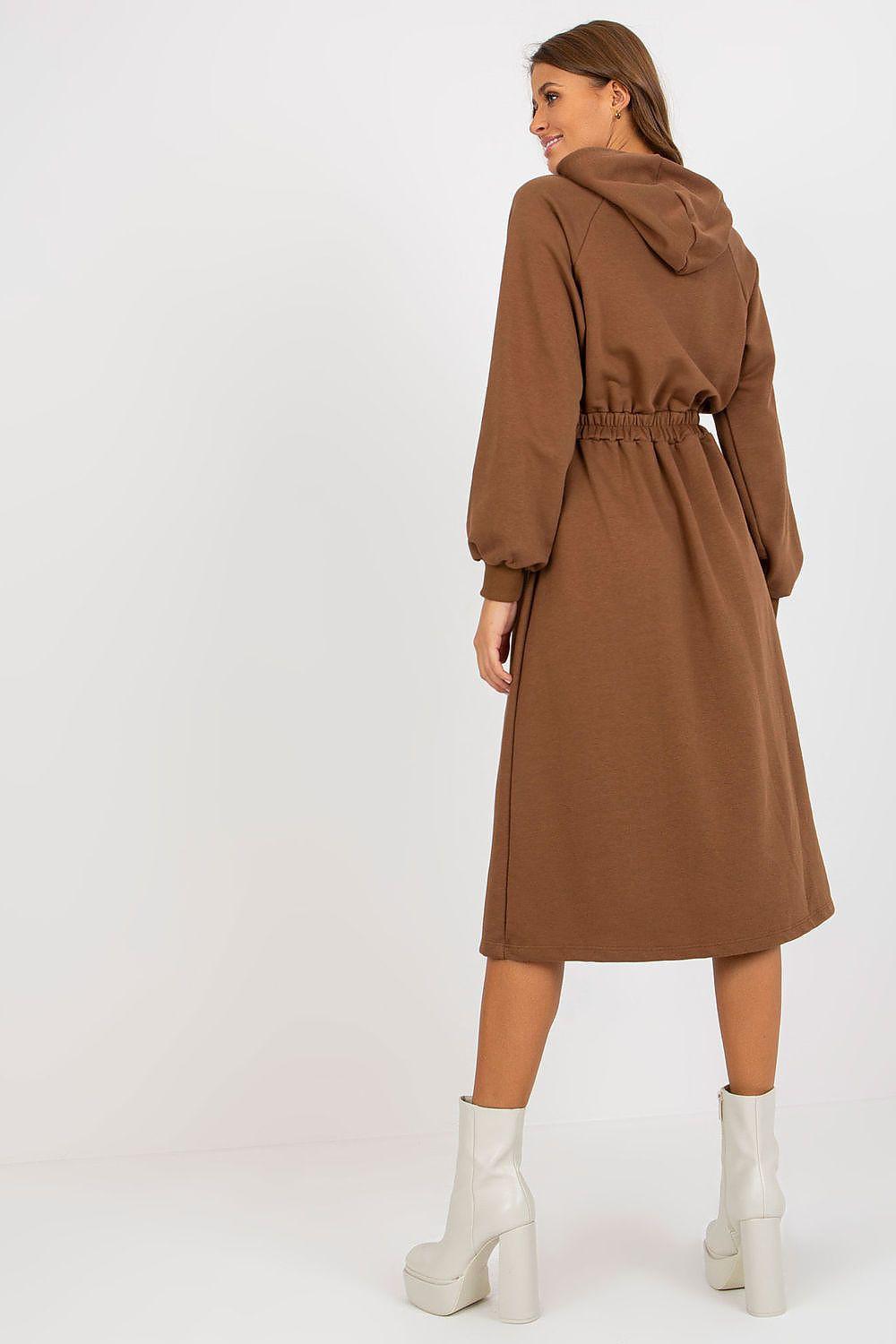 Brown hooded long-sleeve daydress with gathered waist and midi length