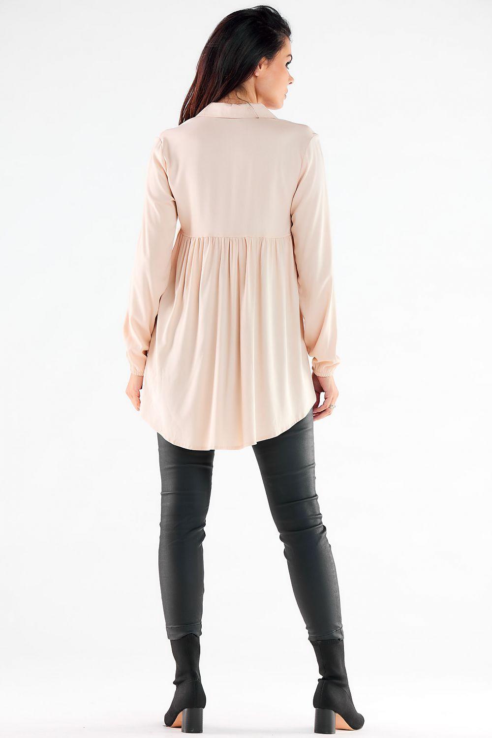 Beige long-sleeve shirt, back view, gathered waist with button placket