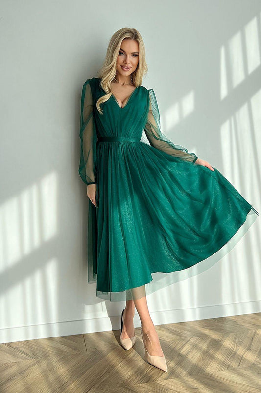 Green evening dress with V-neck, long sheer sleeves, and flared midi skirt