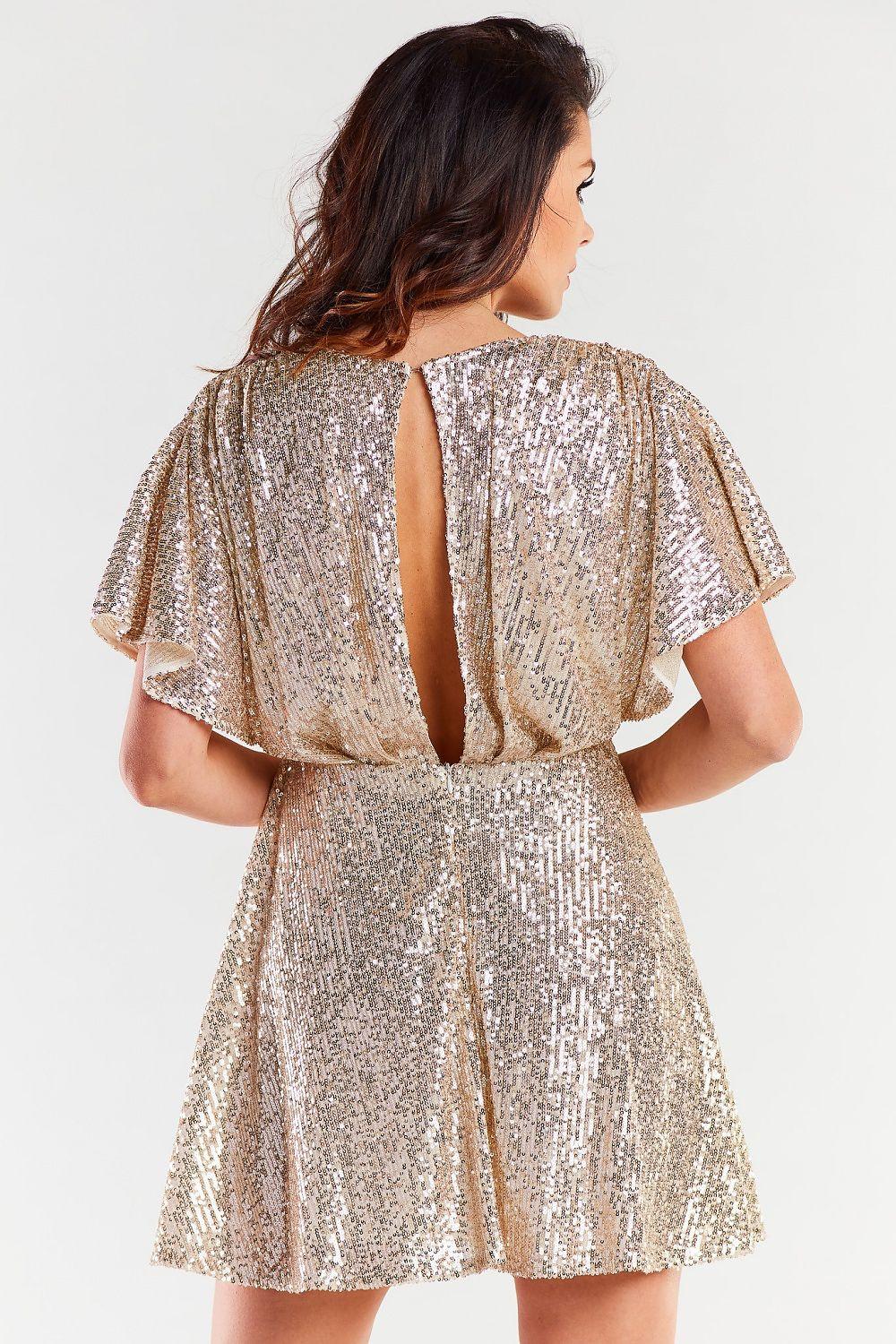 Gold sequin mini evening dress with open back and short flared sleeves