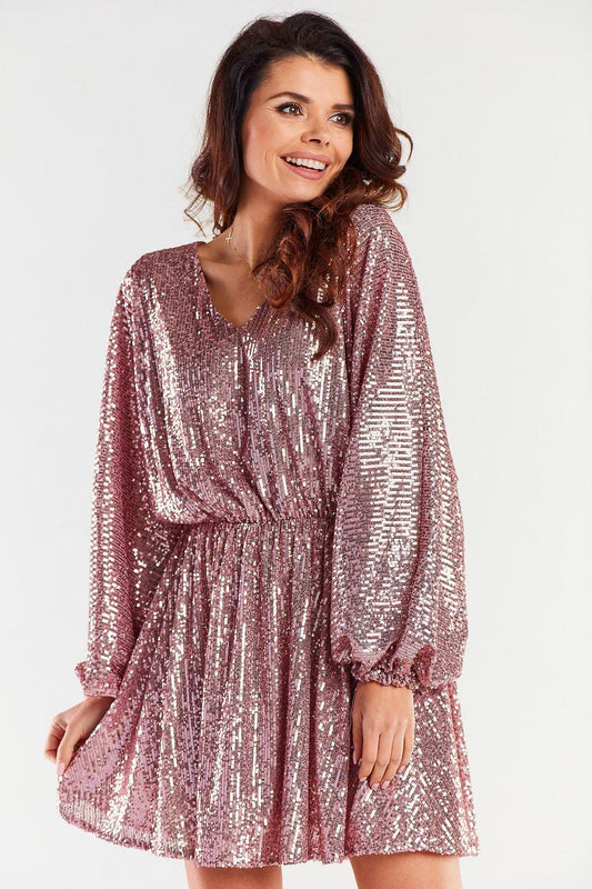 awama evening dress in mauve sequins, long sleeves and gathered waist