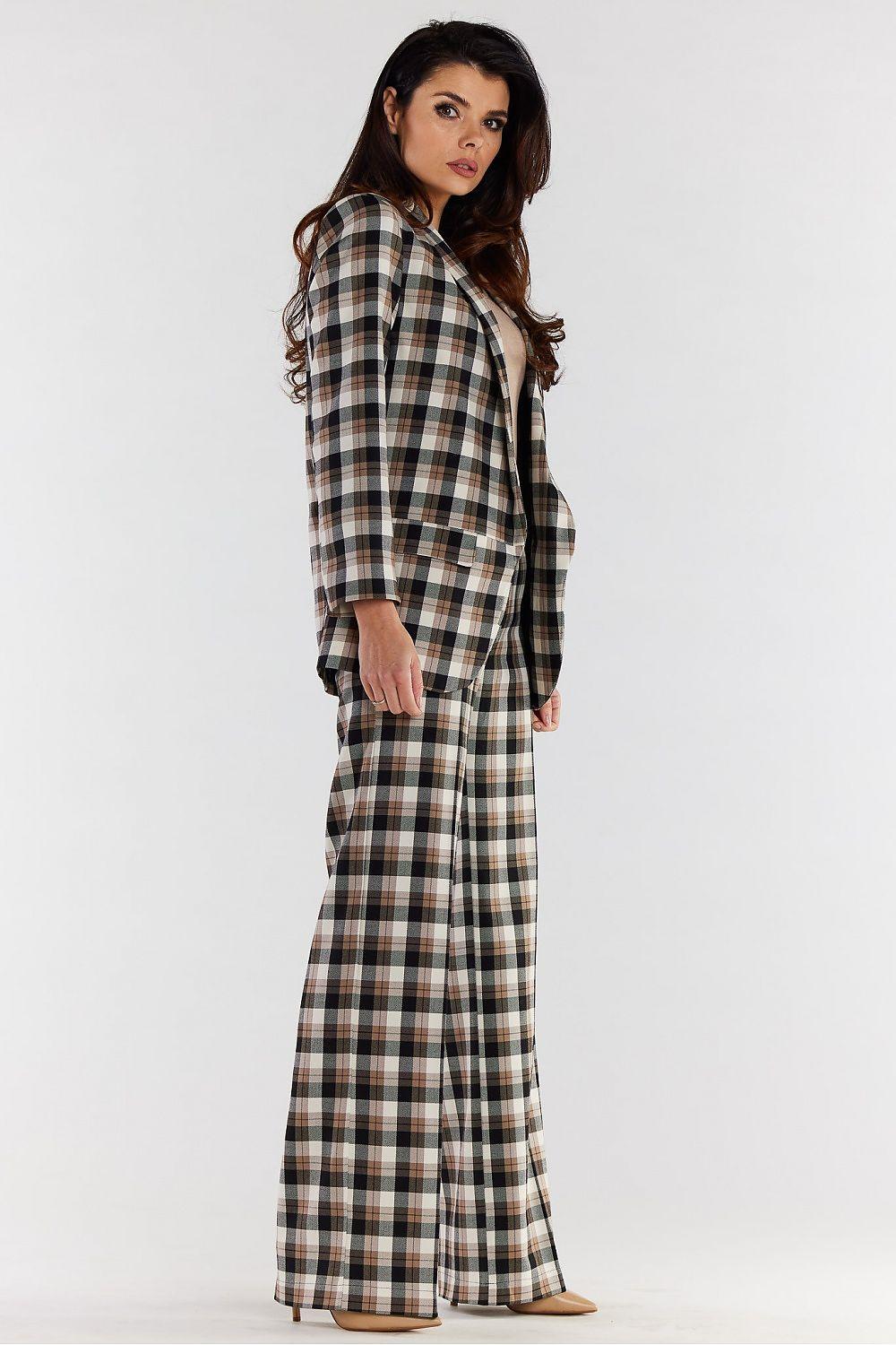 Women’s trousers by Awama, brown plaid check side view wide-leg trousers