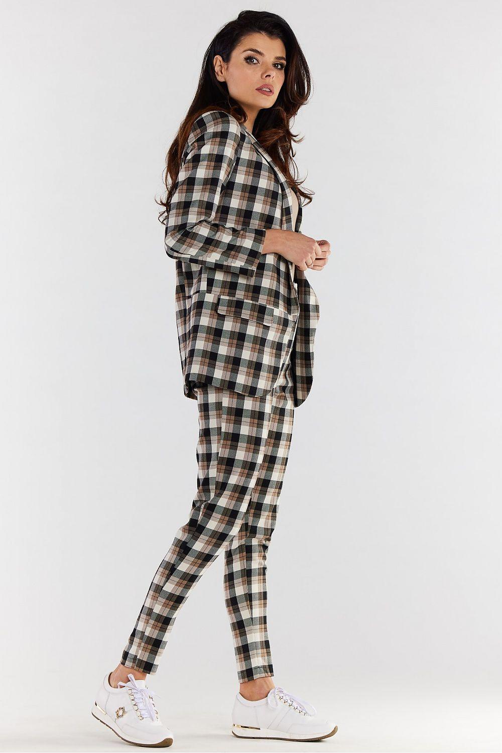 Women’s brown plaid trousers, slim tapered legs with ankle-length hem