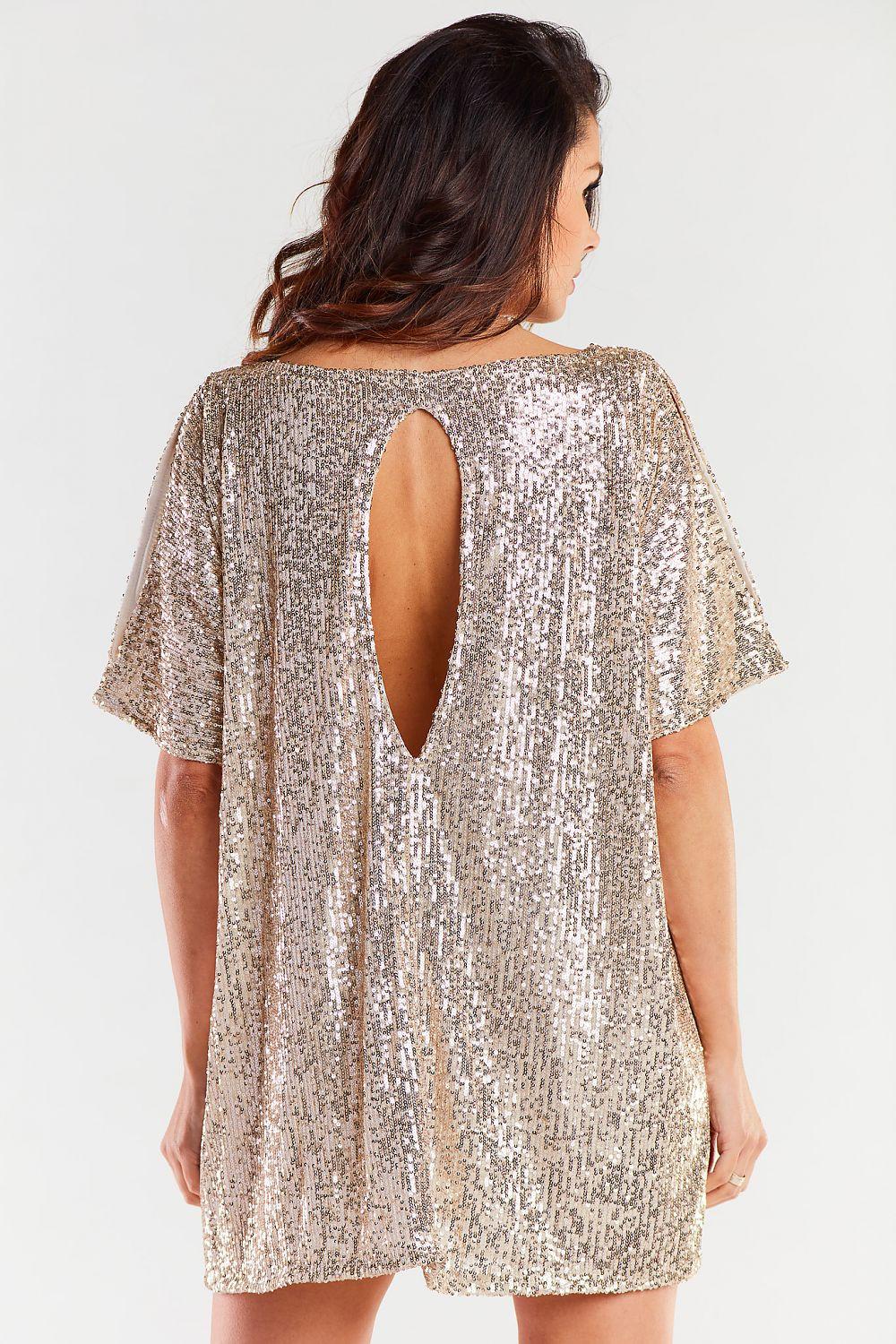 Beige sequined mini dress with open back cutout and short sleeves
