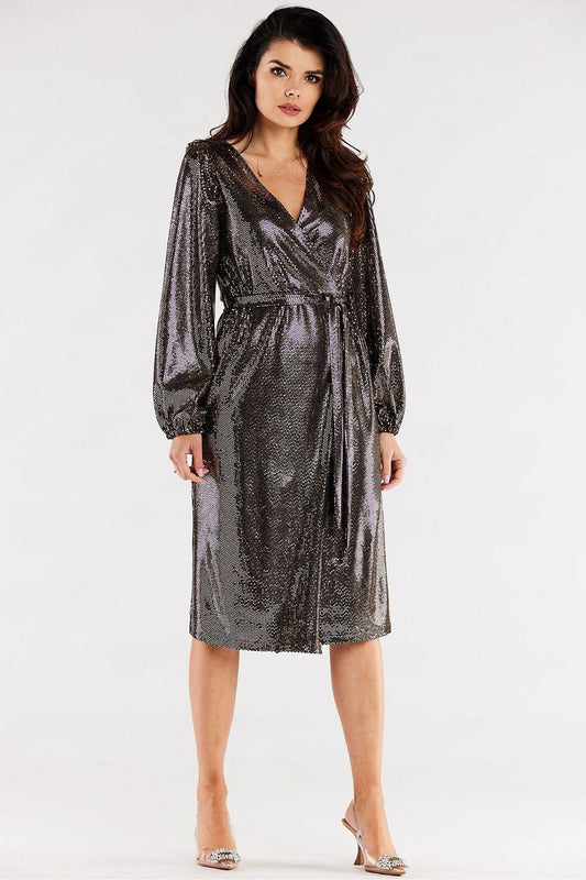 Silver-gray metallic V-neck evening dress with belted waist and long puff sleeves.