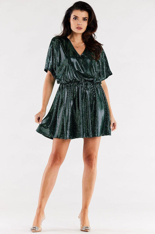 Dark green sequined mini dress with V-neck, short sleeves, and flared skirt