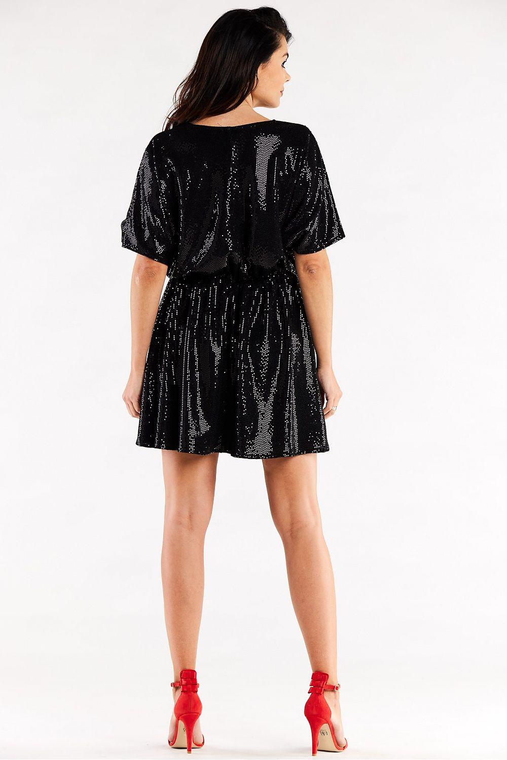 Back view black sequin flare mini dress with short sleeves, gathered waist