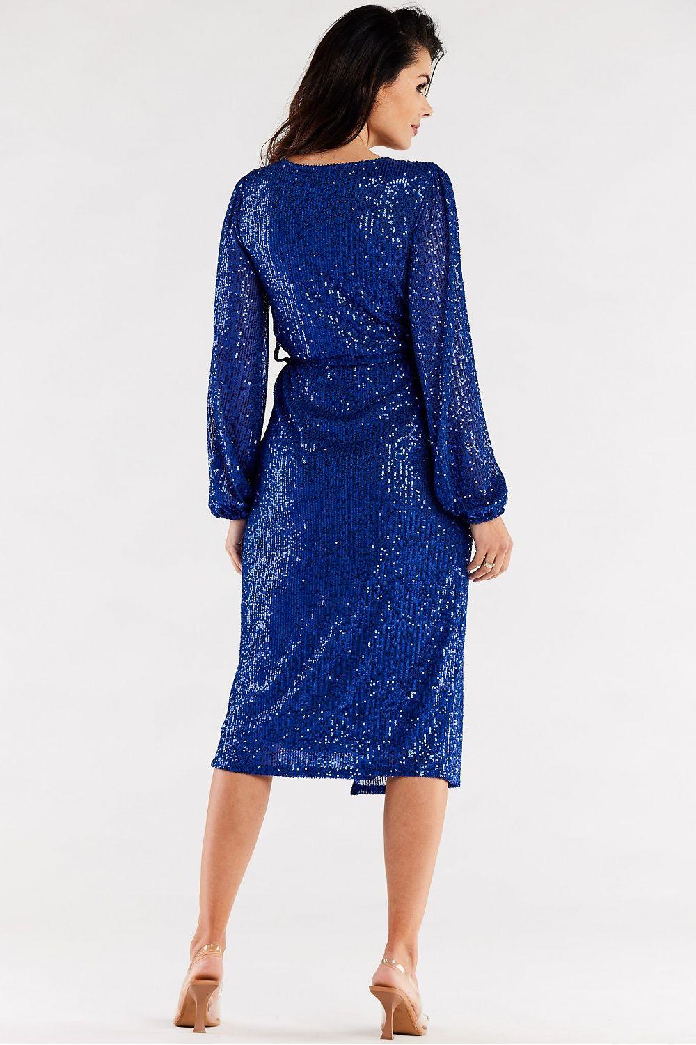 Blue sequin evening dress with V-back and long puff sleeves, tied waist