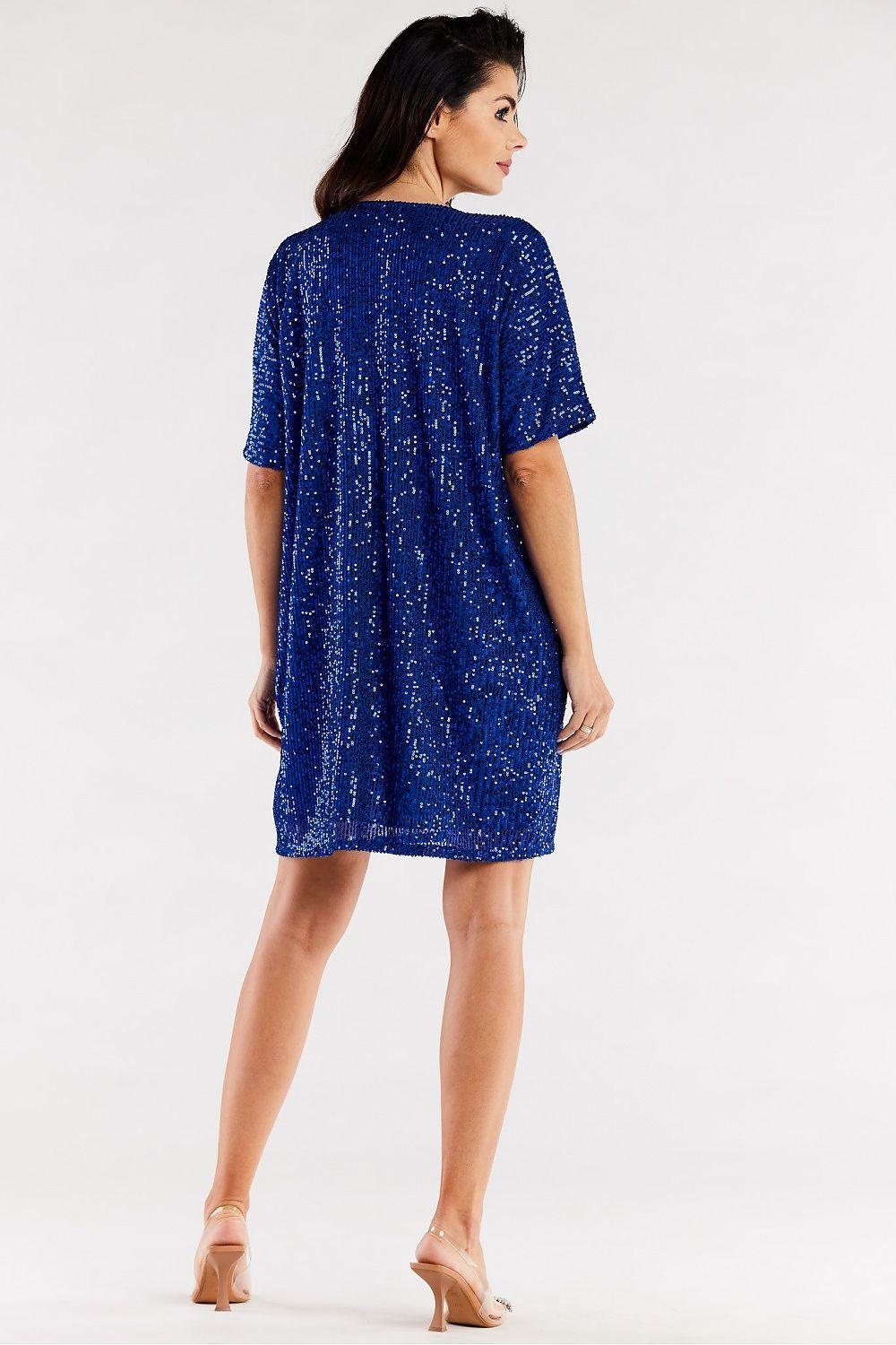 Blue sequin evening dress, short sleeves, above-knee length, back view