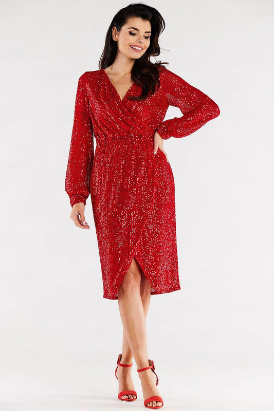 Red sequin V-neck evening dress with long sleeves and knee-length front slit