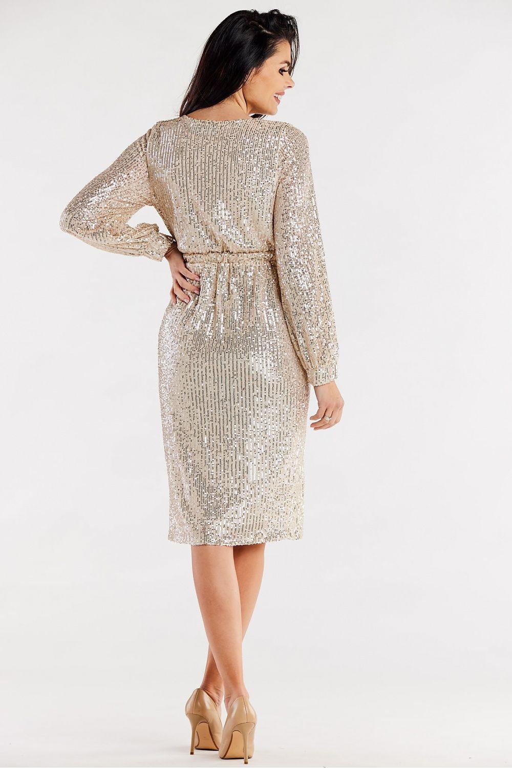 awama sequin envelope evening dress, back view with waist tie and long sleeves