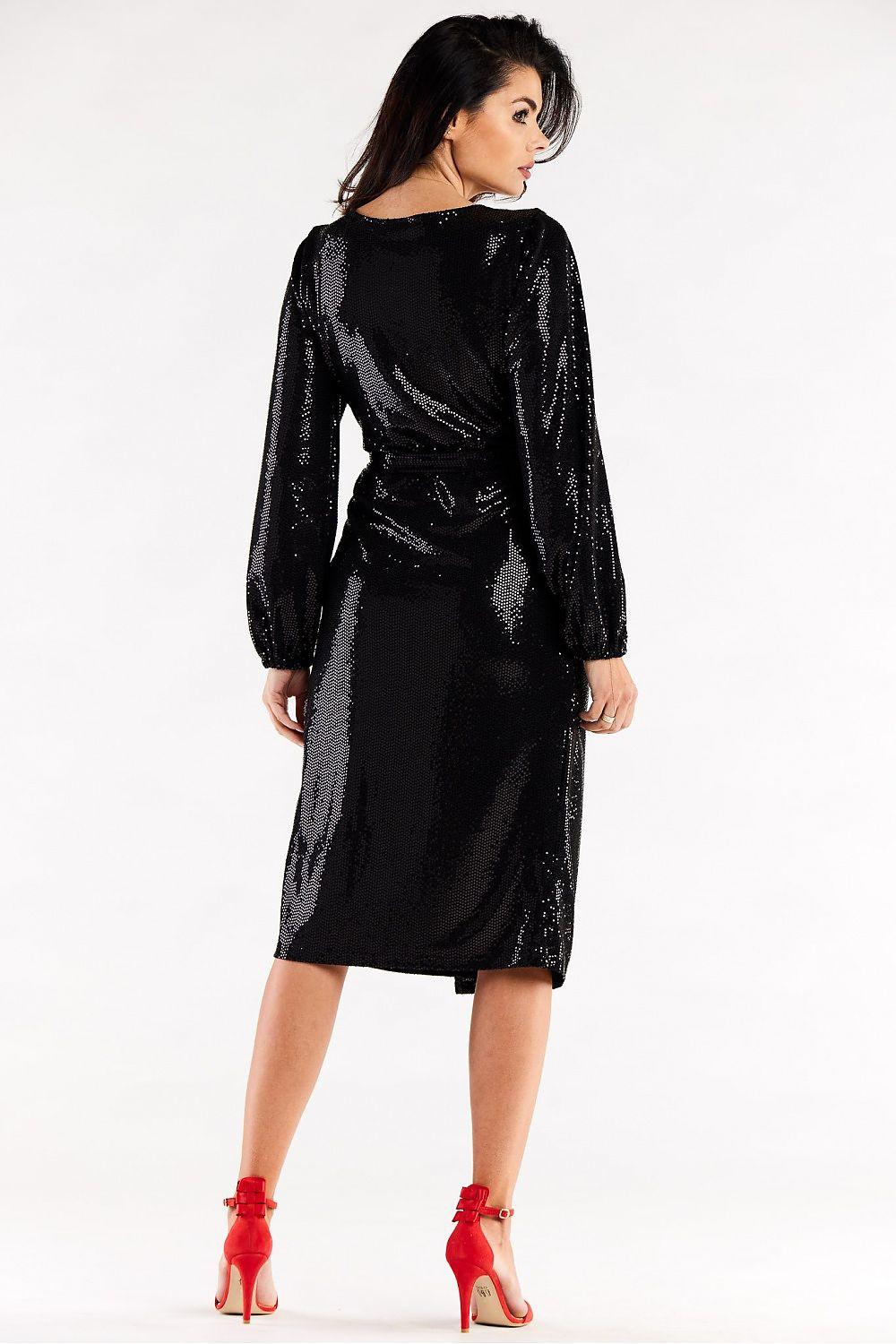 Metallic wrap evening dress, black, back view, long balloon sleeves and midi length