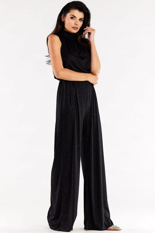 Black sleeveless wide-leg jumpsuit with draped high neckline and tie waist