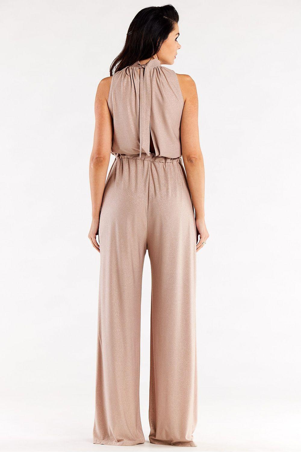 Beige sleeveless wide-leg jumpsuit with open back and ruched waist