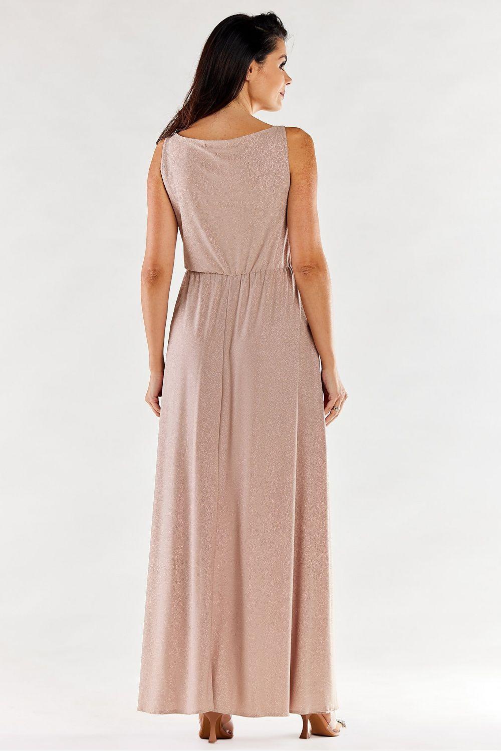 Beige sleeveless maxi dress with gathered waist, back view