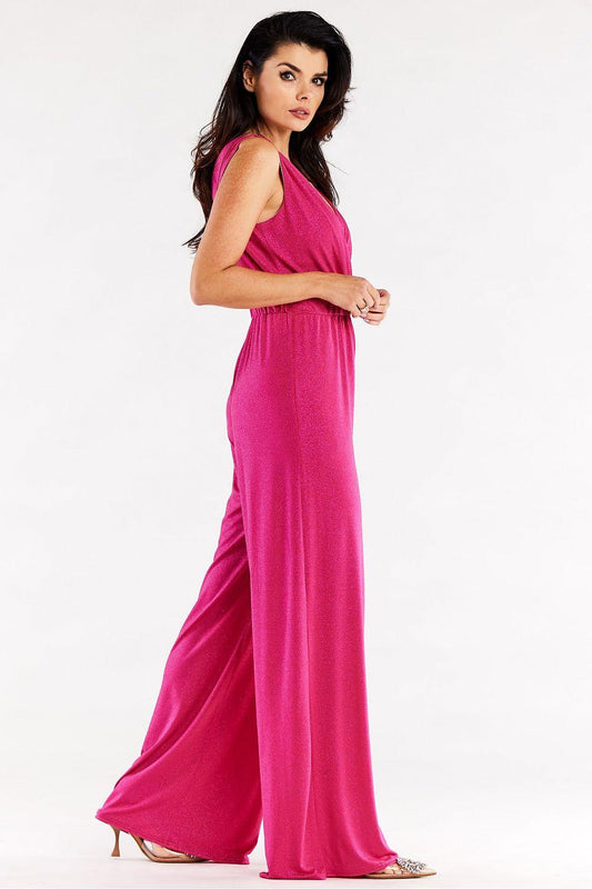 Fuchsia pink sleeveless V-neck jumpsuit with gathered waist and wide-leg pants