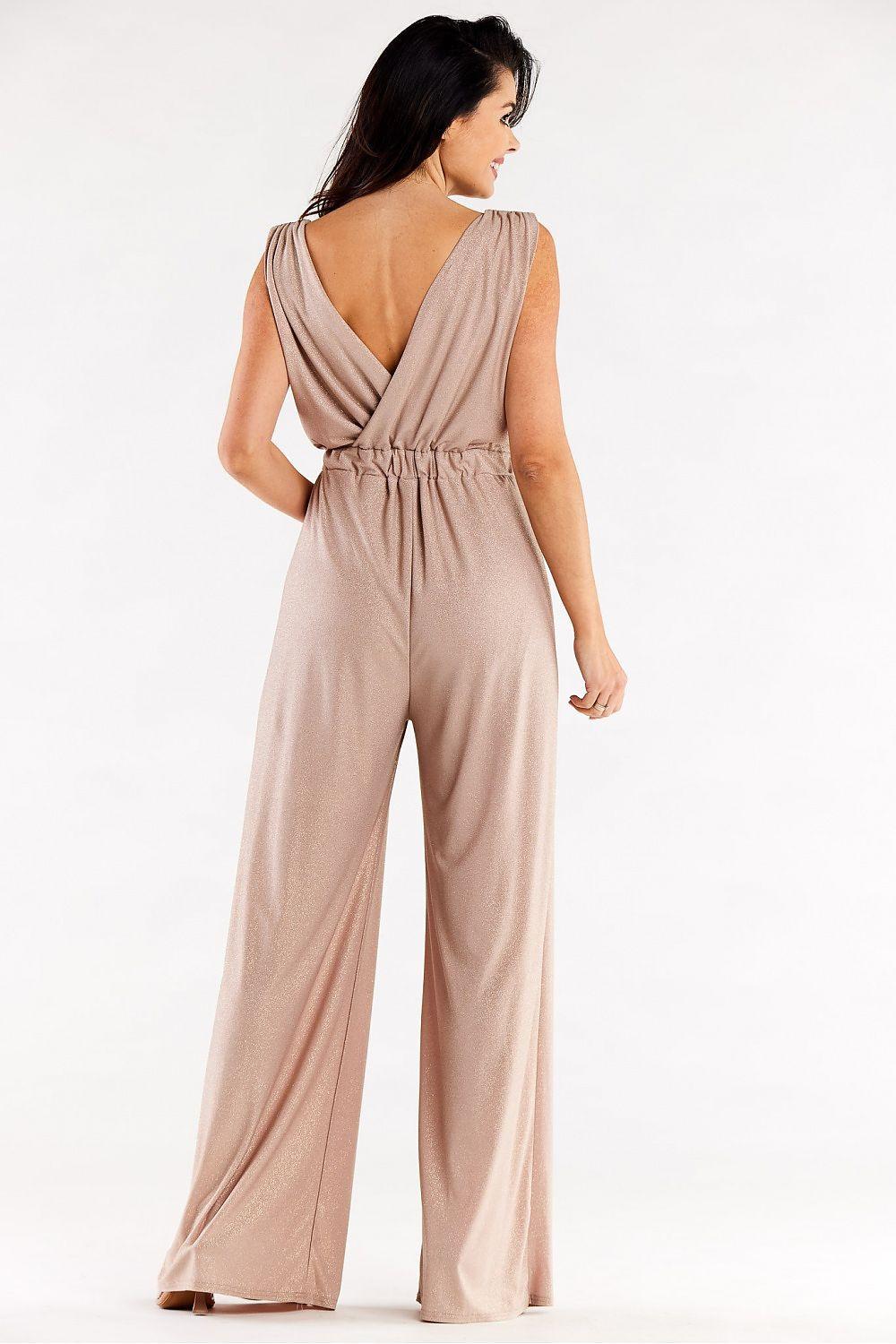 Beige sleeveless wrap jumpsuit, open V-back and wide-leg trousers