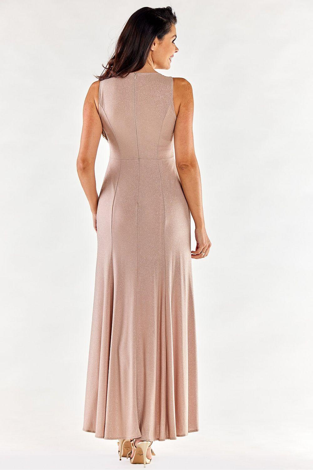 Back view beige sleeveless maxi dress with fitted waist and double side slits