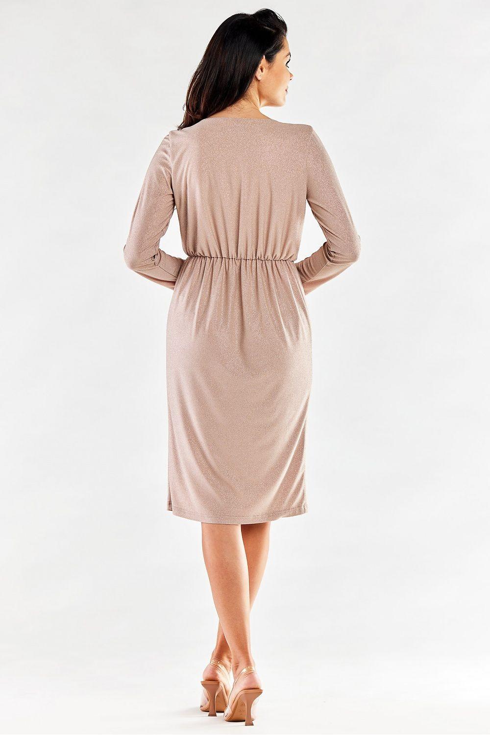 Beige long-sleeve evening dress with elastic waist and wrap back, midi length