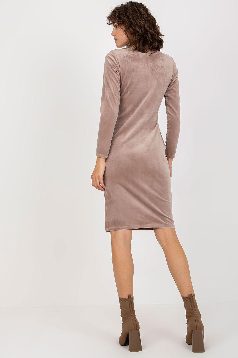 Beige velour evening dress back view with long sleeves and knee-length pencil fit