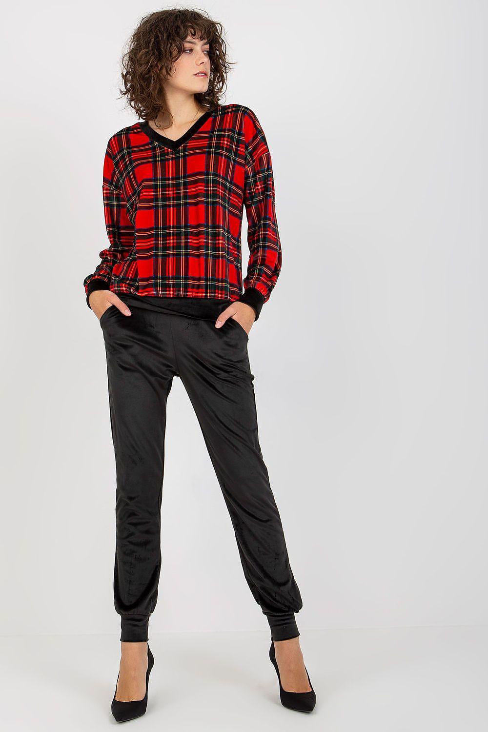 Velour set: red and black check blouse with long sleeves and black jogger pants