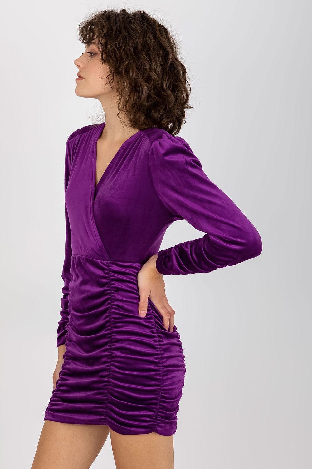 Violet velour evening dress, long sleeves, V-neck, ruched waist mini length