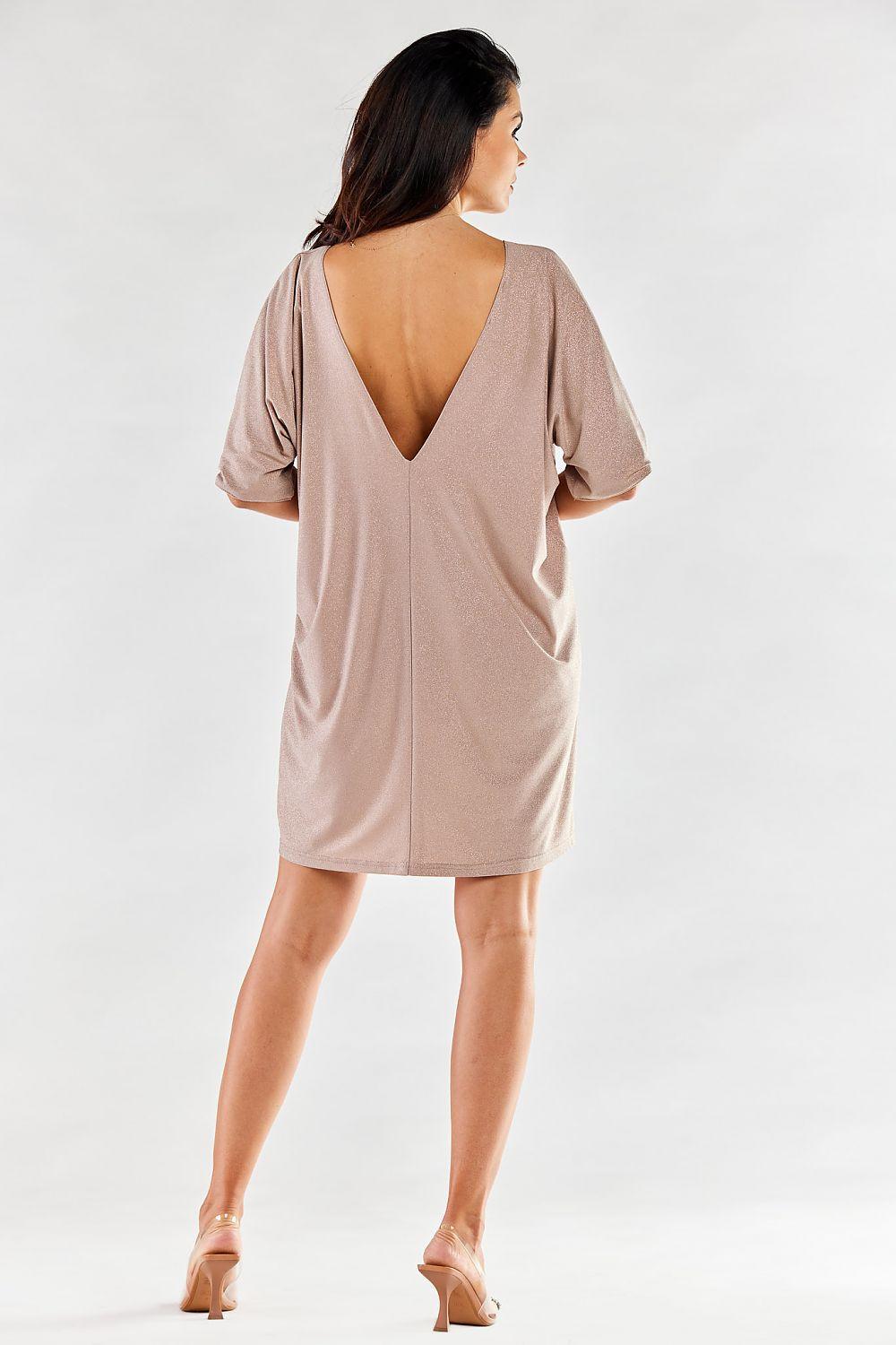 Beige V-neck evening dress from back view with open-back detail, short sleeves.