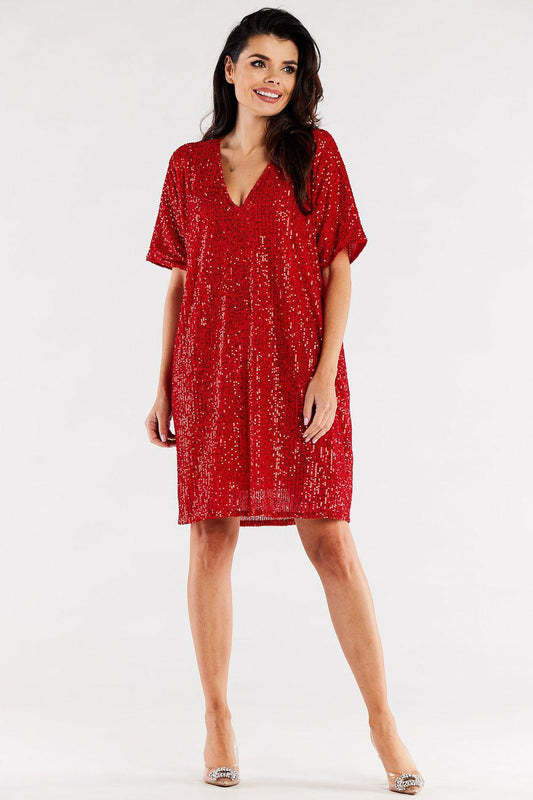 Red sequin evening dress with V-neck and short sleeves, above-knee length