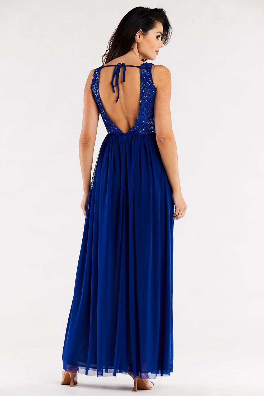 Maxi sequin bodice dress with mesh skirt, sleeveless, blue, open back tie