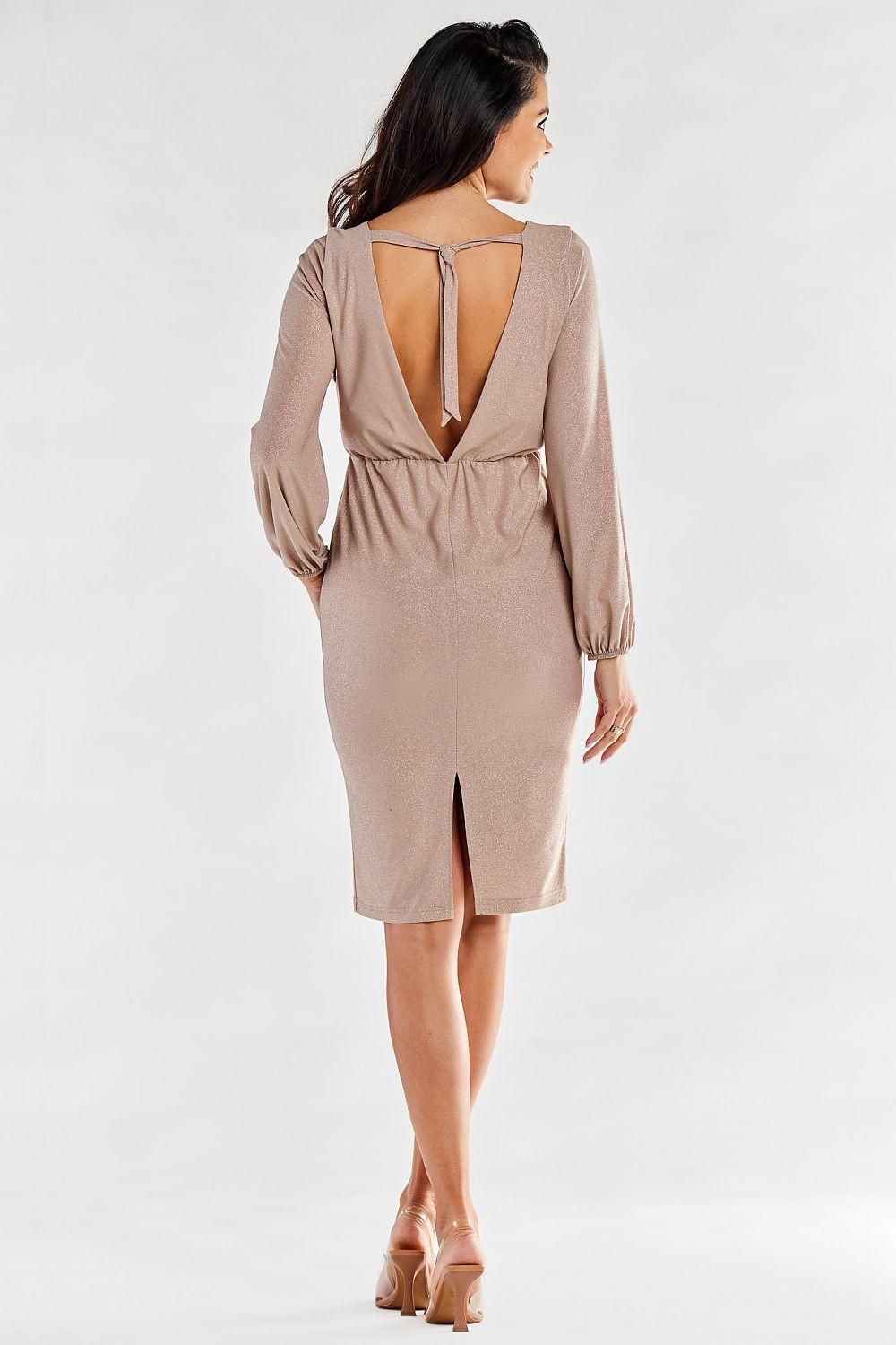 Beige evening dress open back with V strap detail and long sleeves, fitted midi