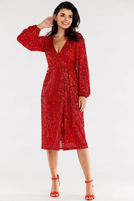 Red glitter evening dress with V-neck, long flared sleeves, midi length with front slit