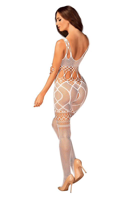White fishnet bodystocking with open back and geometric cutout pattern