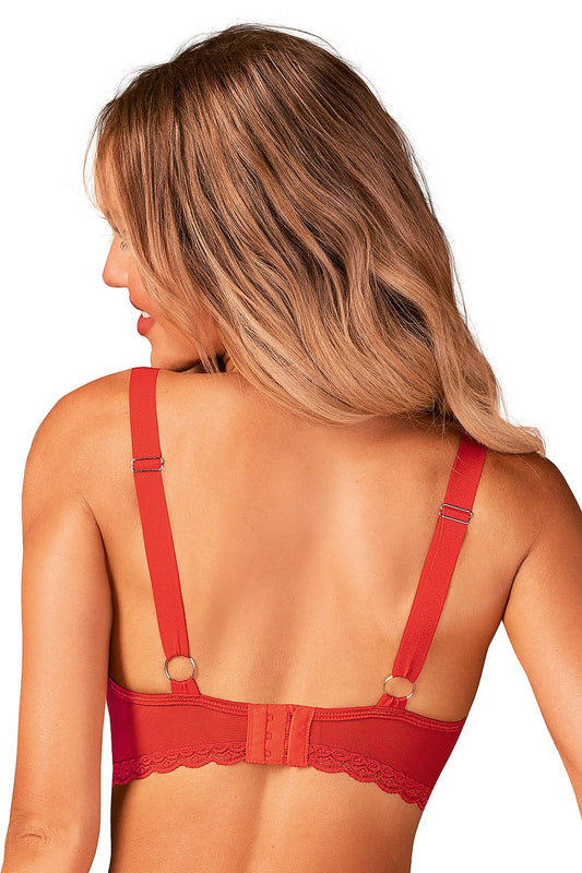Red padded bra with back straps and lace trim