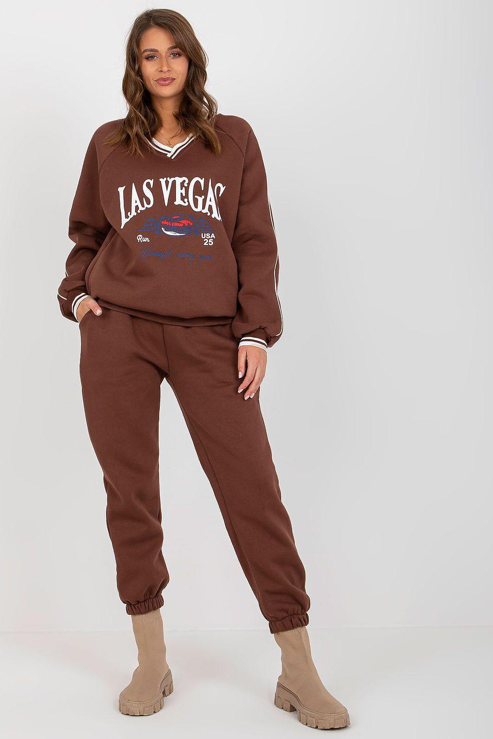 Brown cotton-blend sweatshirt and jogger pants set, crewneck with graphic print