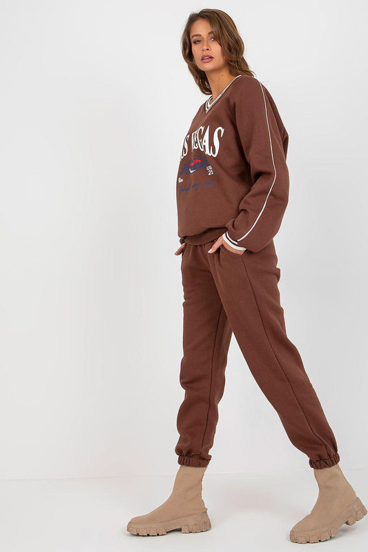 Brown jogger set with crewneck sweatshirt and matching cuffed pants, side view