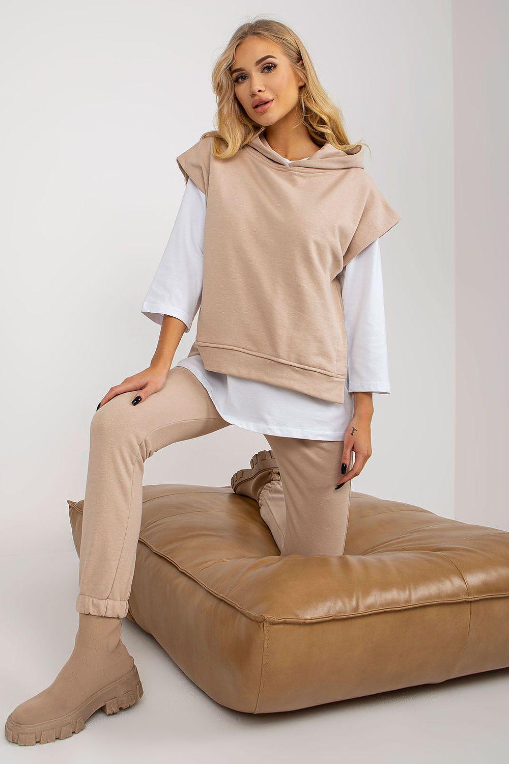 Women’s beige cotton sweatsuit set with short-sleeve hoodie and jogger pants