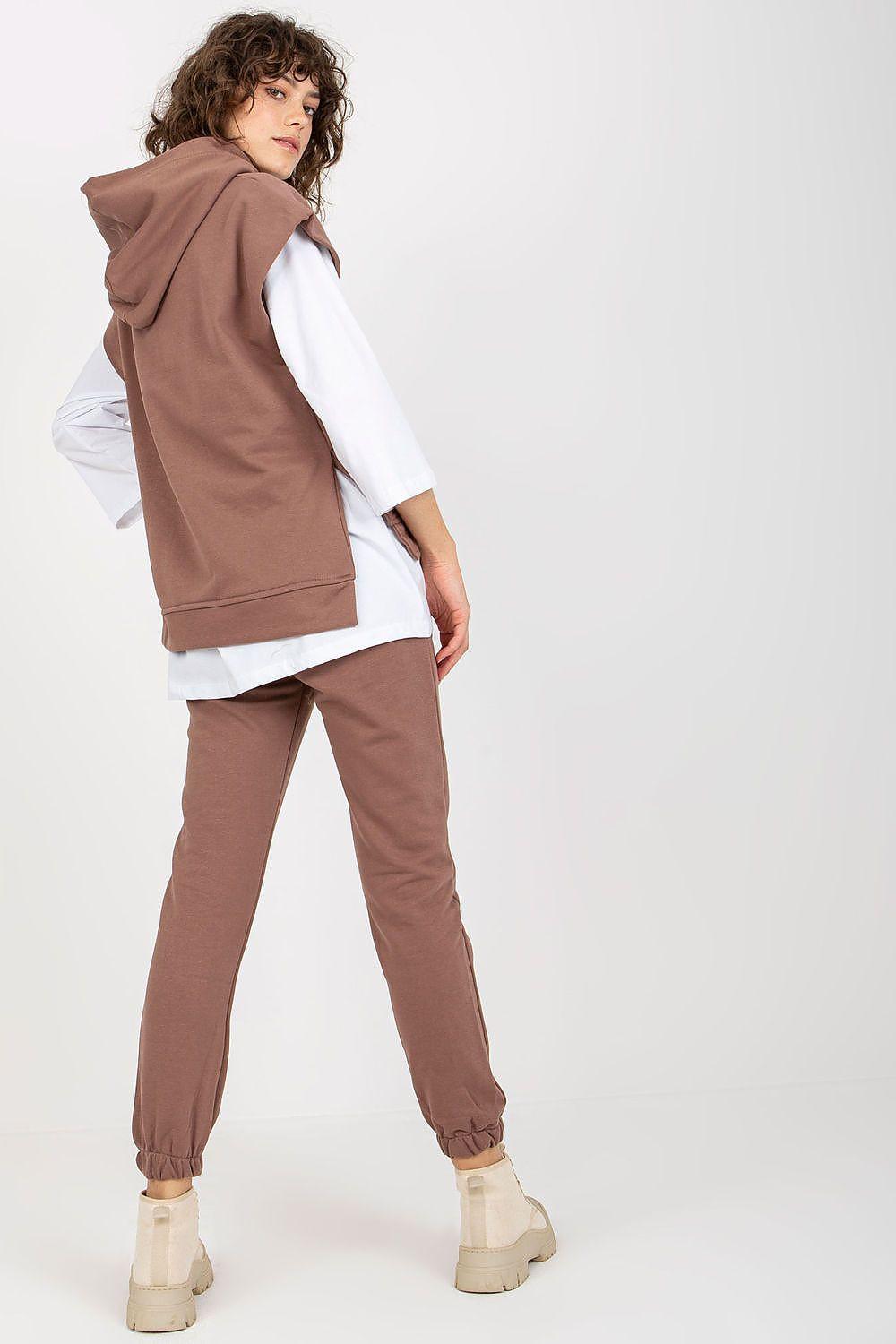 Brown hooded vest and jogger pants set with front hood and cuffed ankles