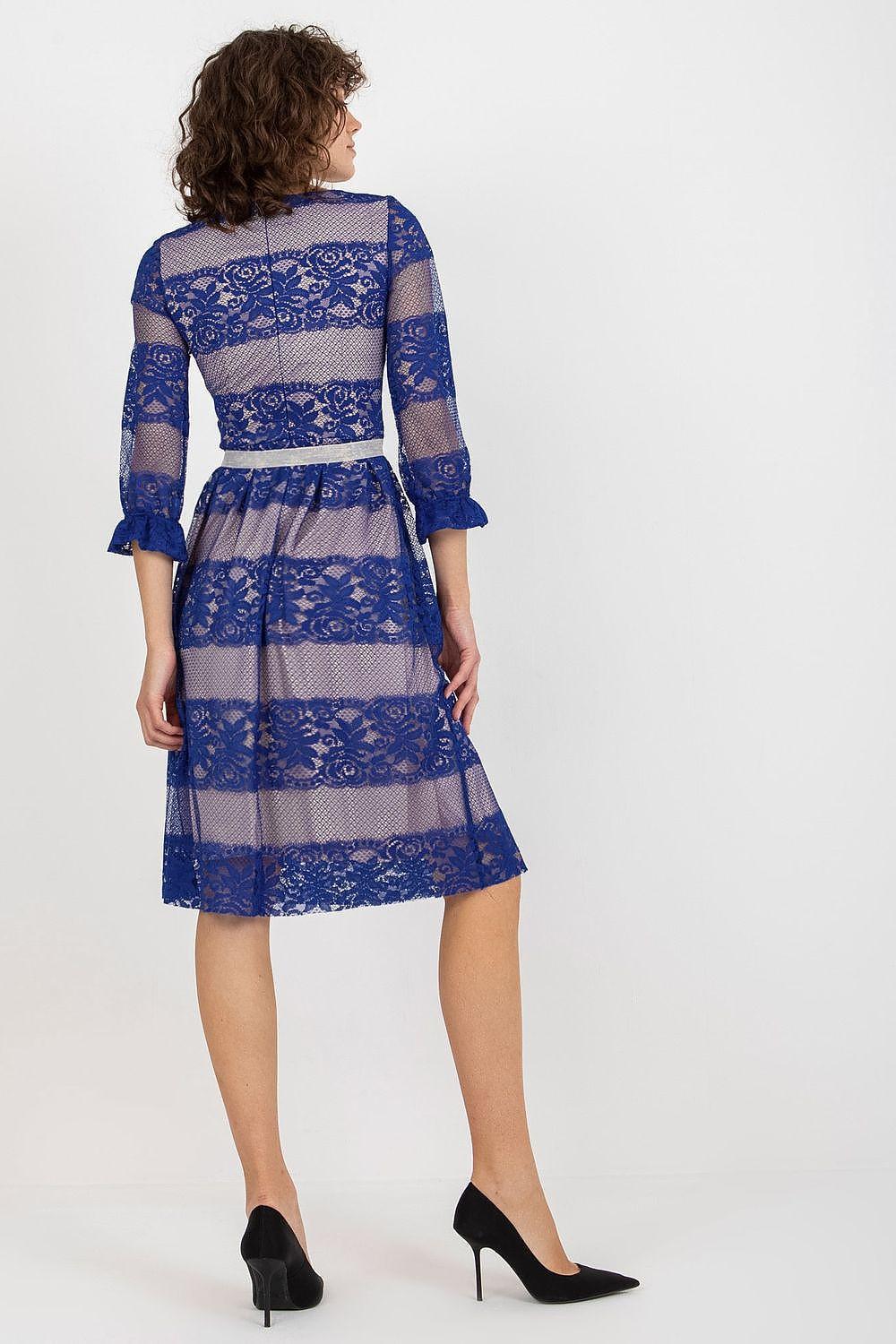 Blue lace back of 3/4-sleeve evening dress with tiered stripes and waist tie belt