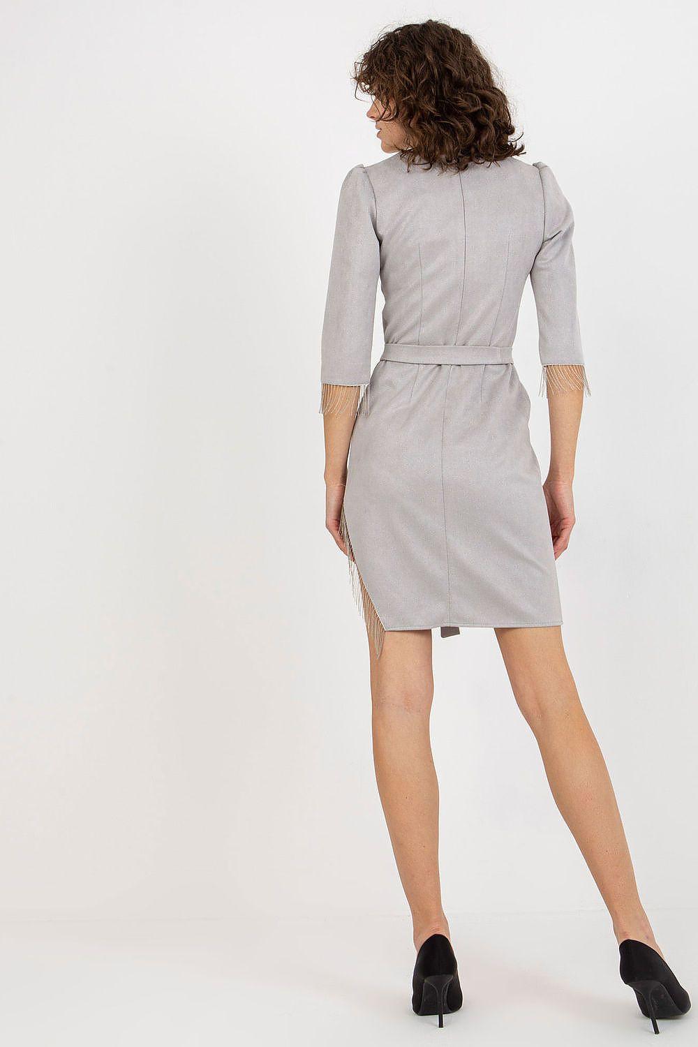 Grey evening dress with tie belt, knee-length straight back view
