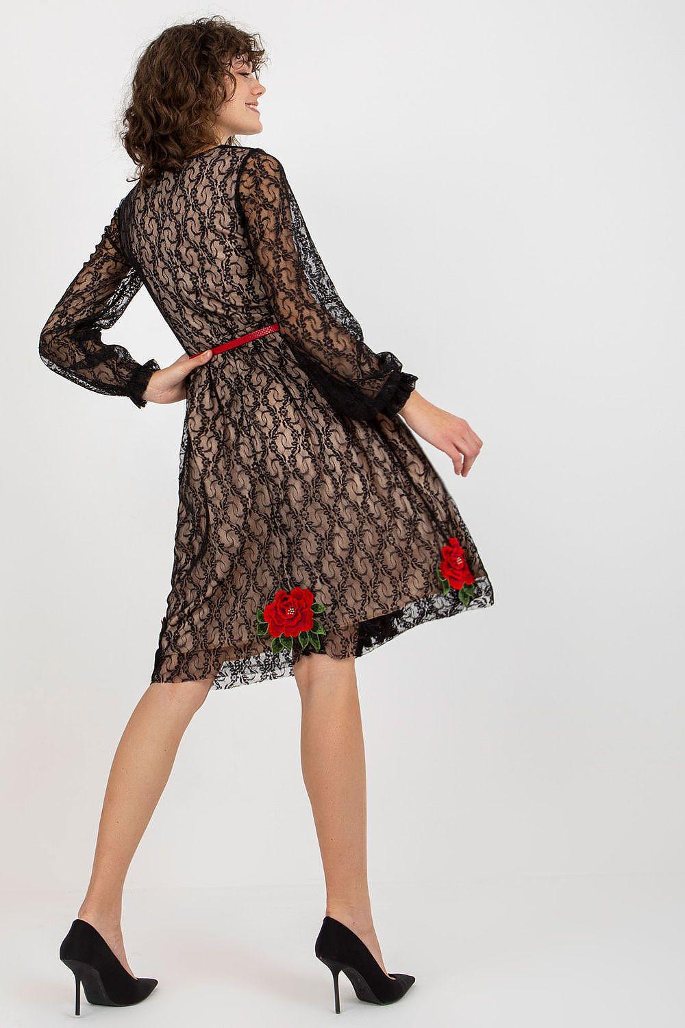 Navy lace evening dress, back view, long sleeves and red waist belt, floral detail