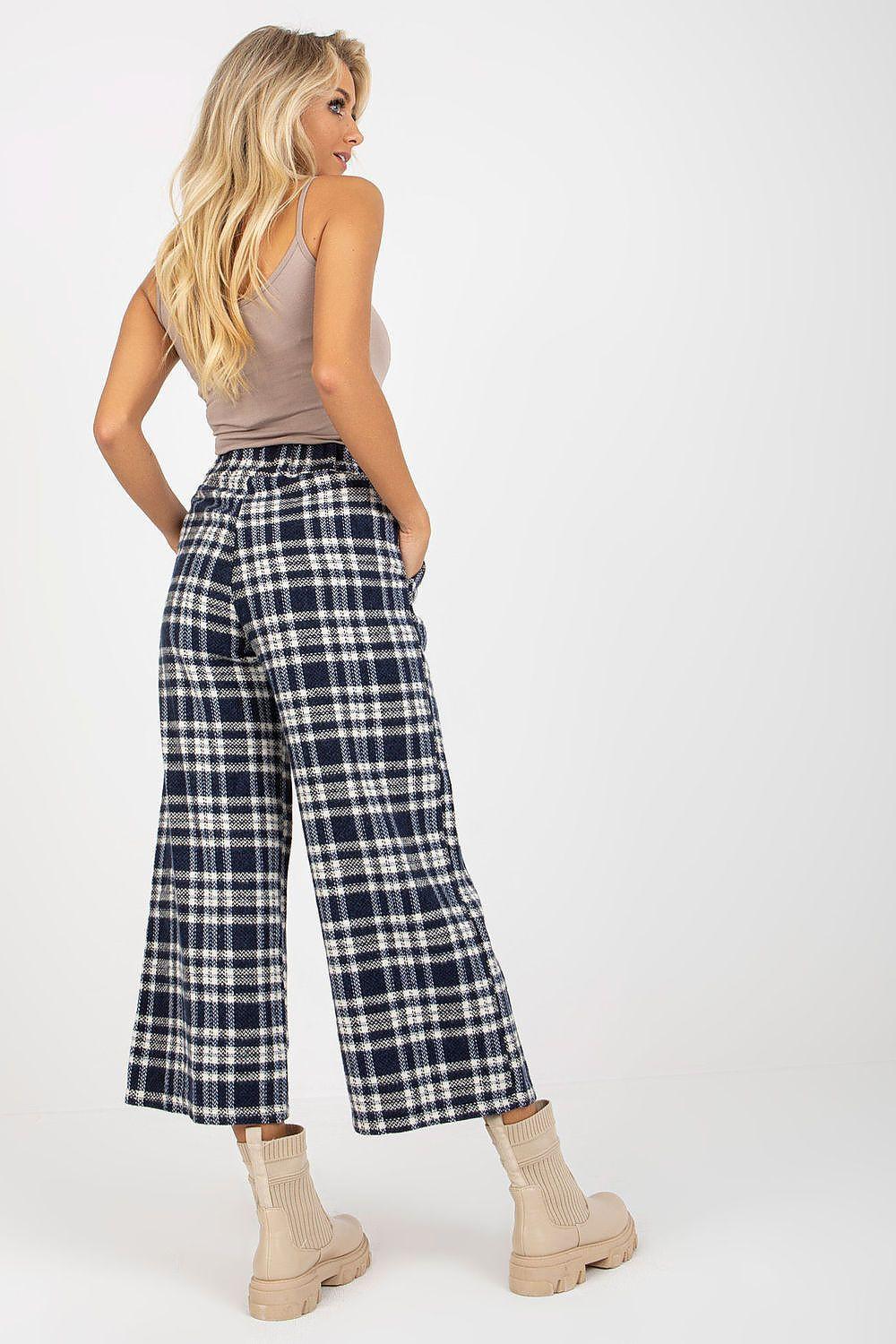 High-waist wide-leg trousers in navy and white plaid with button front and wide cropped leg