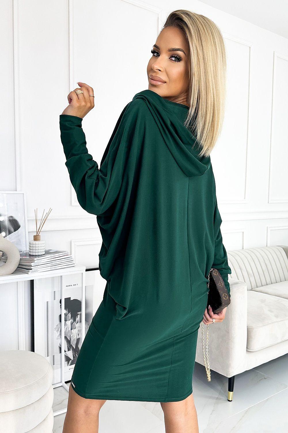 Numoco green daydress with draped cowl hood and long sleeves, above-knee hem