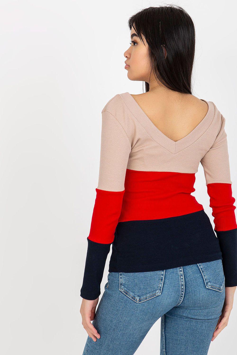Color-block V-neck blouse with long sleeves, beige, red, and dark navy