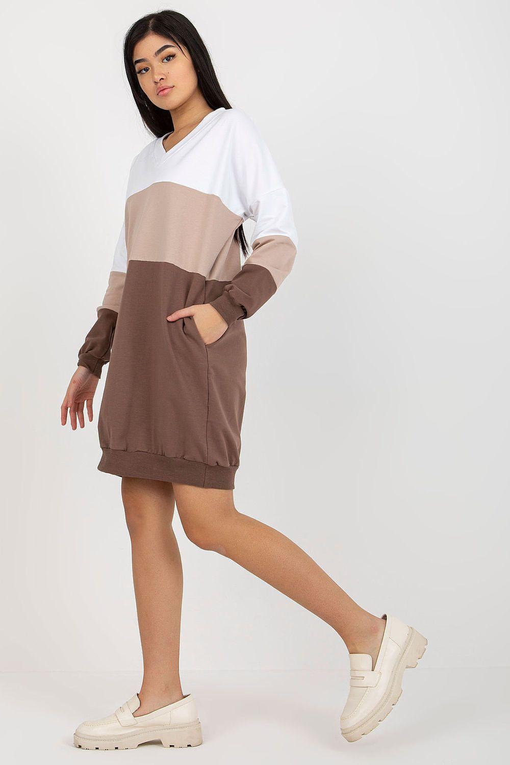 Color-block daydress with V-neck, white upper and taupe/brown panels, long sleeves