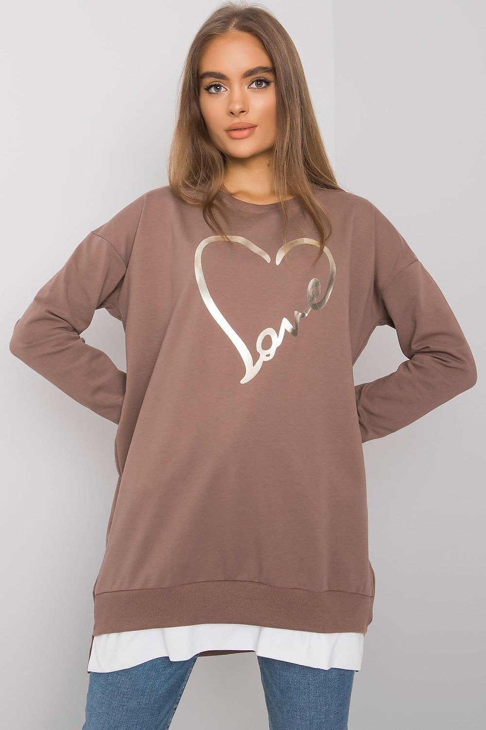 Brown cotton tunic with metallic heart and script print